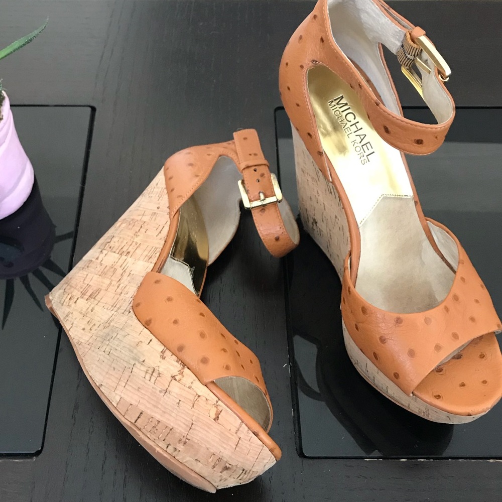 Michael Kors Ariana Ostrich Leather Cork Wedge